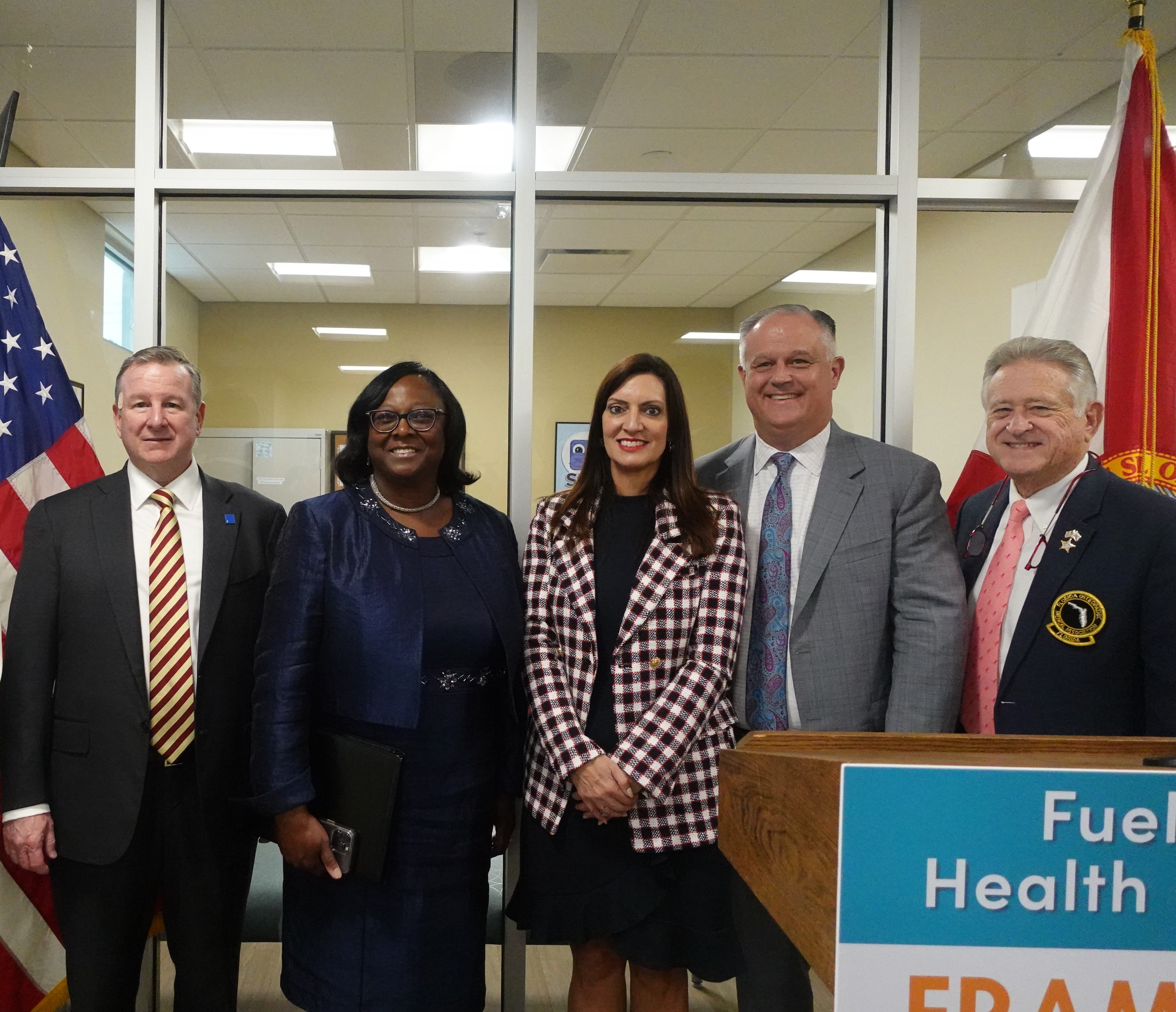 From L-R: FSU President Richard McCullough, FMA Secretary and FSU College of Medicine Interim Dean Alma Littles, MD, Florida Lt. Governor Jeanette Nuñez, FMA CEO Chris Clark, and FOMA Executive Director Stephen Winn