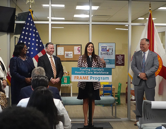 From L-R: FMA Secretary and FSU College of Medicine Interim Dean Alma Littles, MD, FSU President Richard McCullough, Florida Lt. Governor Jeanette Nuñez, and FMA CEO Chris Clark attend a press conference touting the Florida Reimbursement Assistance for Medical Education (FRAME) Program.